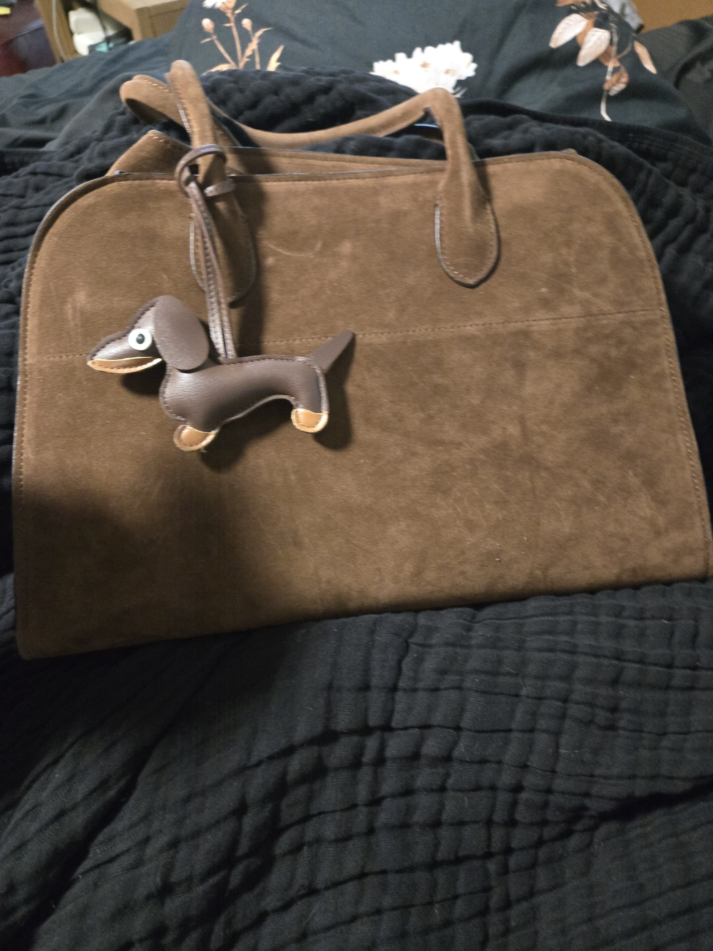 Brown Suede Tote Bag with Dachshund Charm